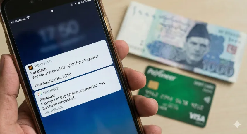 Smartphone screen showing successful payment notifications from Payoneer transferring earnings from Upwork directly to a JazzCash mobile wallet. A Pakistani 1000 Rupee note and Payoneer debit card are blurred in the background, illustrating how to get paid for freelance work in Pakistan.