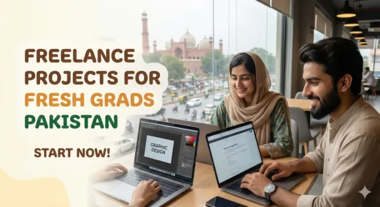 Cover image featuring two young Pakistani graduates working on laptops in a cafe, with the Badshahi Mosque visible outside. Text overlay reads: "FREELANCE PROJECTS FOR FRESH GRADS PAKISTAN - START NOW!". This illustrates online earning in Pakistan.