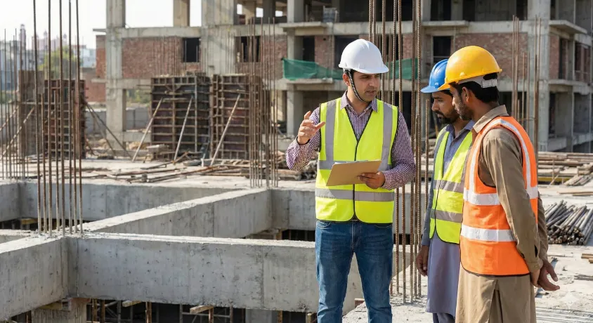 A site supervisor discussing project details with two construction workers on a concrete building site; all three are wearing safety helmets and reflective high-visibility vests.