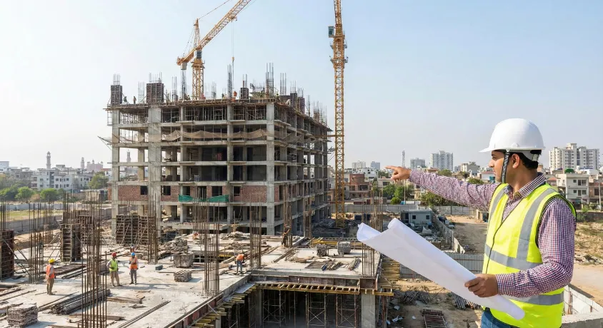 A construction project manager in a white hard hat and safety vest holding blueprints and pointing toward a multi-story building under construction, with cranes and city infrastructure visible in the background.