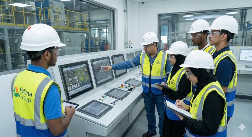 Fatima Fertilizer interns receiving hands-on training in a modern plant control room. An experienced supervisor explains operations on a control panel to a diverse group of trainees wearing safety helmets and vests.