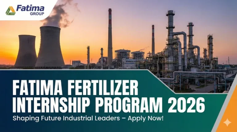 Cover image for the Fatima Fertilizer Internship Program 2026 blog post. It features a panoramic view of the Fatima Group industrial fertilizer plant at sunset with text overlay promoting the internship opportunity.