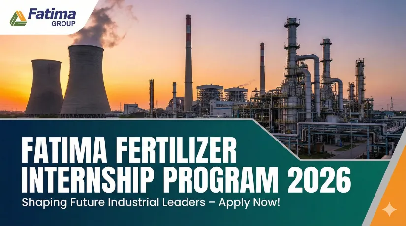 Cover image for the Fatima Fertilizer Internship Program 2026 blog post. It features a panoramic view of the Fatima Group industrial fertilizer plant at sunset with text overlay promoting the internship opportunity.