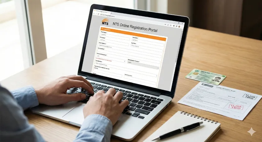 A first-person view of a candidate using a laptop to fill out the NTS Online Registration Portal form step by step. A green Pakistani Computerized National Identity Card (CNIC) and a printed 1Link bank deposit slip are lying on the wooden desk next to the computer.