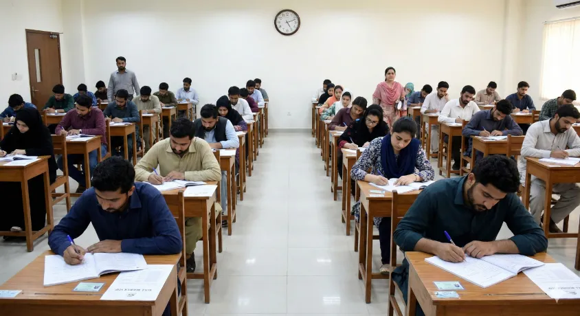 An interior view of an NTS examination hall in Pakistan. Male and female students are seated in rows at individual wooden desks, focused on filling out their answer sheets with ballpoint pens. An analog clock hangs on the white wall in the background.