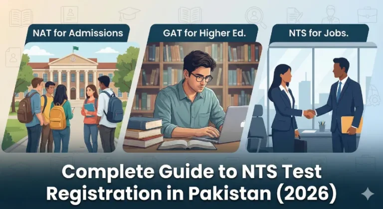 A blog header image split into three visual sections: students gathered outside a Pakistani university building representing NAT, a scholar studying in a library representing GAT, and two professionals shaking hands in an office representing NTS Jobs. The text overlay reads "Complete Guide to NTS Test Registration in Pakistan (2026).