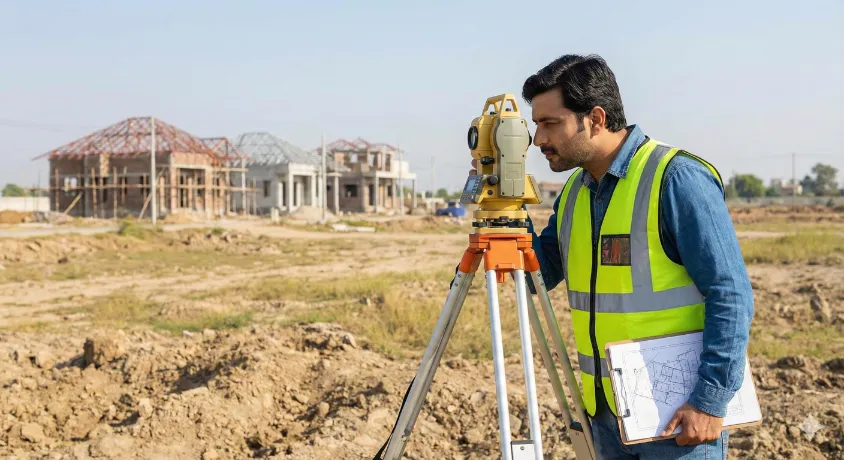 A professional land surveyor, representing the Patwari role duties, using a total station instrument on a tripod at a construction site. He wears a safety vest and holds a clipboard with land maps, with under-construction houses visible in the background of a housing scheme.