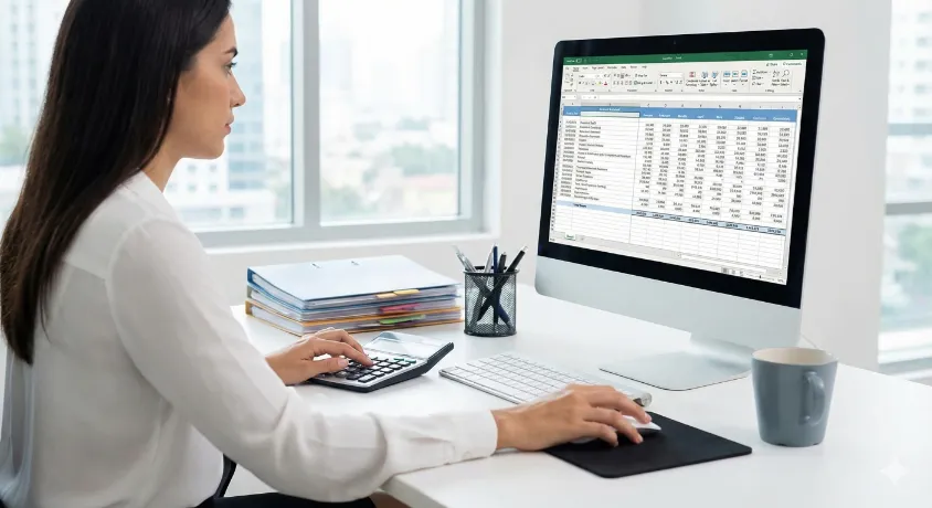 A female Account Assistant working at a modern office desk. She is viewing a detailed financial spreadsheet on a large computer monitor and using a calculator to process data. Stacked files and a coffee mug are on the desk.