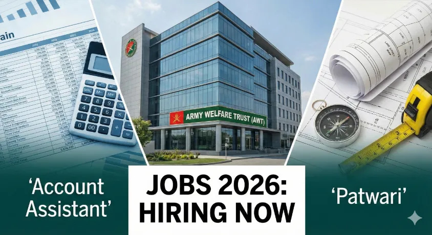 A cover image for the Army Welfare Trust (AWT) Jobs 2026 blog post. It features the AWT headquarters building in the center, flanked by visuals representing an 'Account Assistant' (financial documents and a calculator on the left) and a 'Patwari' (blueprints and surveying tools on the right). Text overlays read "Account Assistant", "JOBS 2026: HIRING NOW", and "Patwari".
