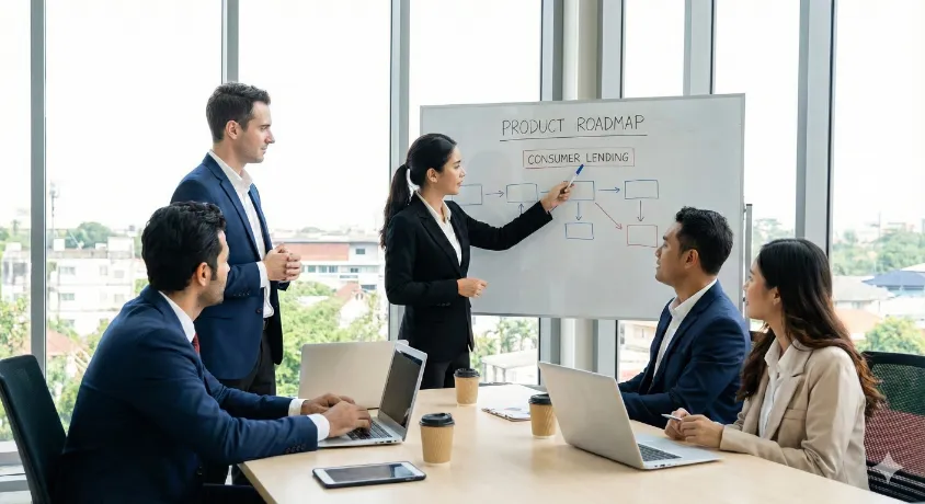 Banking team discussing a product roadmap for consumer lending on a whiteboard, illustrating the NBP Product Manager job responsibilities.