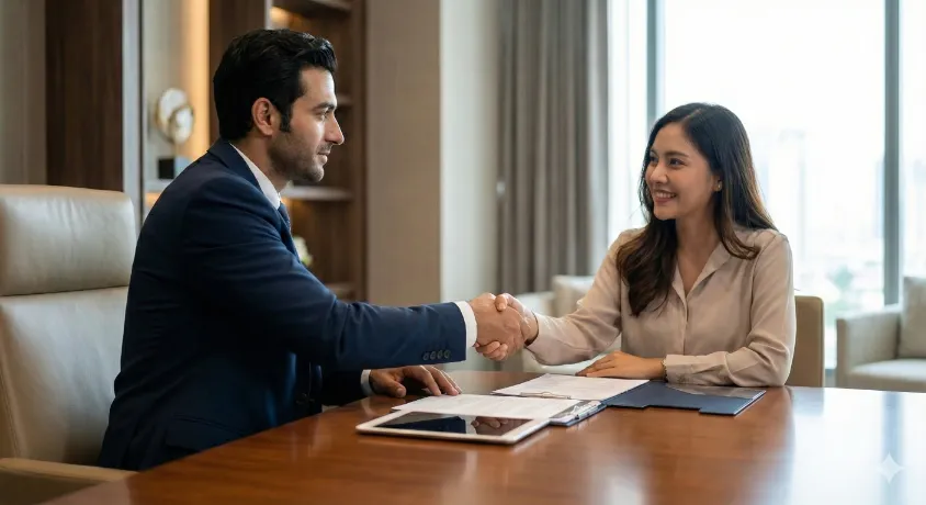 Professional Relationship Manager shaking hands with a client across a desk, representing customer service roles at National Bank of Pakistan.