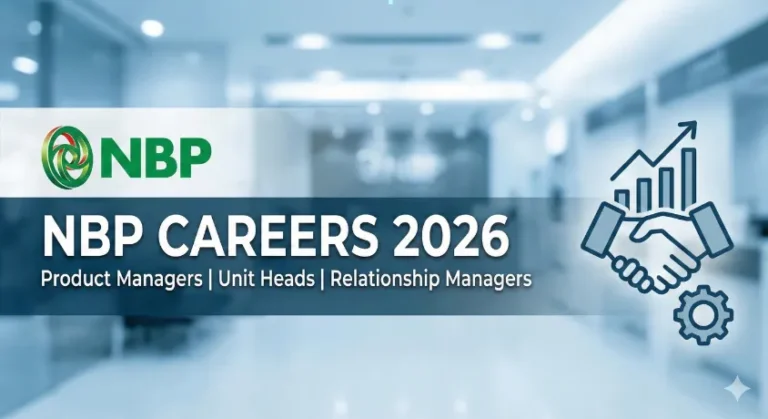 "National Bank of Pakistan NBP Careers 2026 official job banner featuring the NBP logo and recruitment details for Product Managers and Unit Heads.