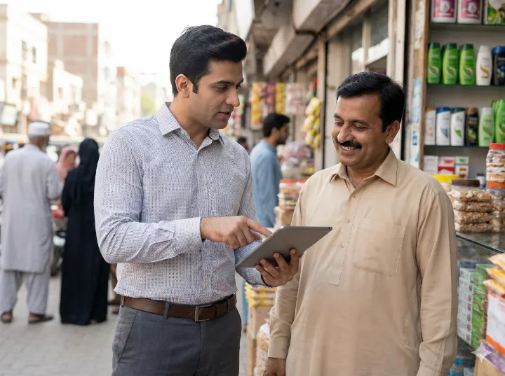 A sales officer in a light-colored shirt and grey slacks holds a digital tablet, gesturing and explaining its content to a smiling, middle-aged male shopkeeper in a busy outdoor market in Karachi.