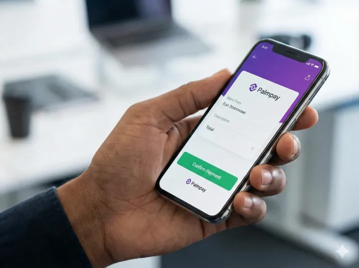 A close-up view of a dark-skinned hand holding a smartphone. The phone screen displays a mobile application interface for 'Palmpay' showing a transaction confirmation screen with a green 'Confirm Payment' button.