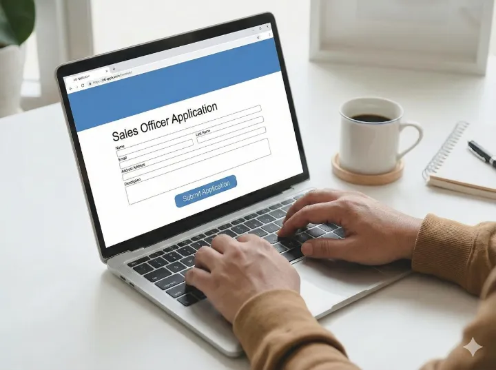 A person's hands are typing on the keyboard of a laptop computer. The laptop screen shows an online job application form titled 'Sales Officer Application' with fields for personal information and a 'Submit Application' button.