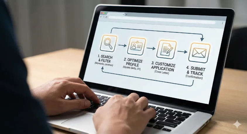 A laptop screen displaying a four-step process flowchart for online job applications: Search & Filter, Optimize Profile, Customize Application, and Submit & Track.