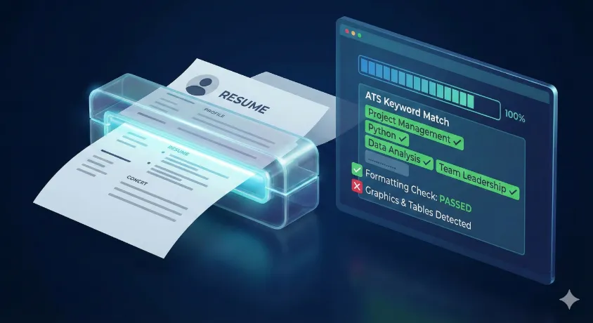 A conceptual illustration of an Applicant Tracking System (ATS) scanner analyzing a resume, with a digital screen showing green checkmarks for keyword matches and a red 'X' detection for graphics and tables.