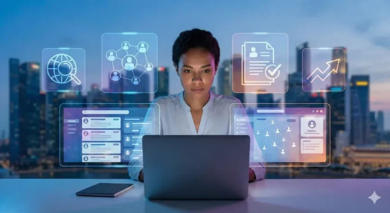 A professional woman at a laptop surrounded by glowing digital icons representing global job search, networking, resume building, and career growth on platforms like Rozee, Indeed, and LinkedIn.