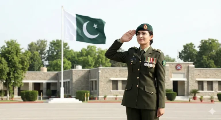 Professional female Pakistani military officer in uniform saluting, Pakistan flag in background, confident pose, military academy setting, photorealistic, high quality, inspiring and patriotic mood, green and white color theme