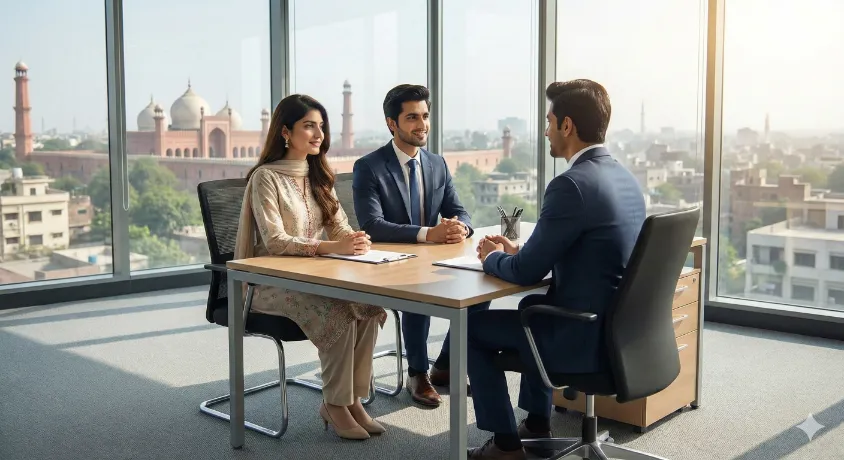 "Professional job interview in ENGLISH Pakistan featuring confident candidates sitting across from a hiring manager in a modern office with the Lahore skyline and Badshahi Mosque in the background."