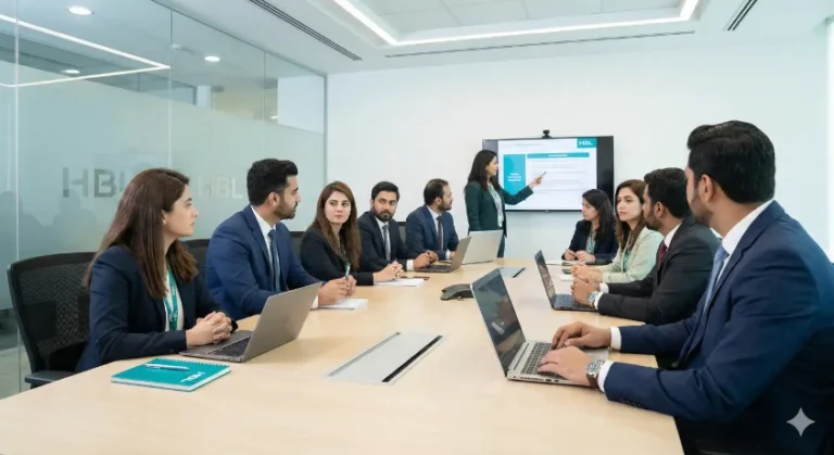 Professional HBL cash officer assisting customers at a bank counter, representing daily banking operations and staff responsibilities.