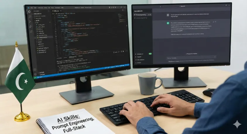 A person managing a hyper-local dropshipping business in Pakistan using a Shopify dashboard on a tablet. The scene includes packages with local Trax and Leopard courier labels, and a phone showing SadaPay and JazzCash payment apps.