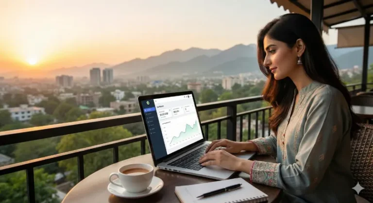 A female Pakistani freelancer working remotely on her laptop from a balcony in Islamabad at sunset, viewing her USD earnings dashboard. This illustrates the future of work and AI-augmented freelancing in Pakistan in 2026.