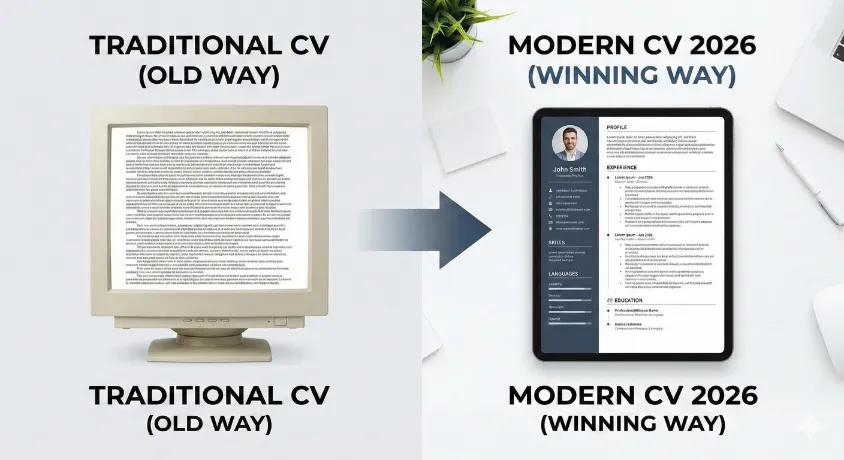 An infographic comparing an old, cluttered 'Traditional CV' on a vintage monitor with a sleek, well-organized 'Modern CV 2026' on a tablet. It visually represents the best CV format and structure for current job applications.