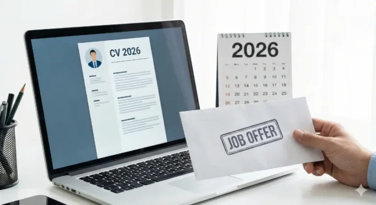 A laptop screen displaying a 'CV 2026' document next to a calendar marked with the year 2026, and a hand holding an envelope stamped with 'JOB OFFER'. This image illustrates the concept of how to write a CV for a job in 2026.