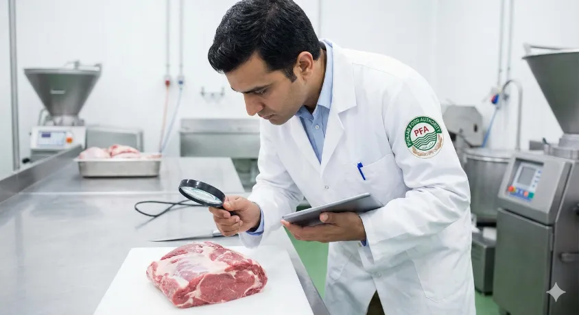 A Veterinary Officer wearing a Punjab Food Authority lab coat inspecting a piece of raw meat with a magnifying glass and tablet in a food safety laboratory.