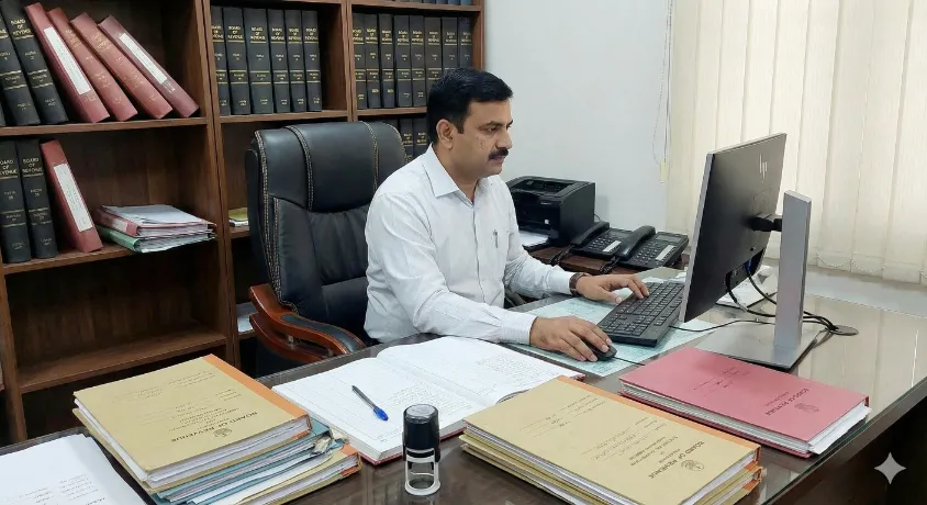 An office assistant working on a computer at a desk cluttered with official files and ledgers in a government Revenue Department office.