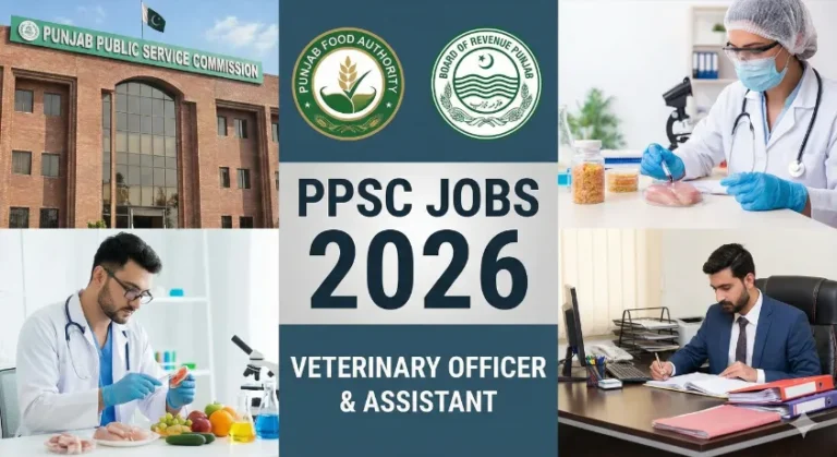 Cover image for PPSC Veterinary Officer and Assistant Jobs 2026 blog post, featuring the PPSC building, Punjab Food Authority and Board of Revenue logos, and photos of professionals in medical, lab, and office settings.