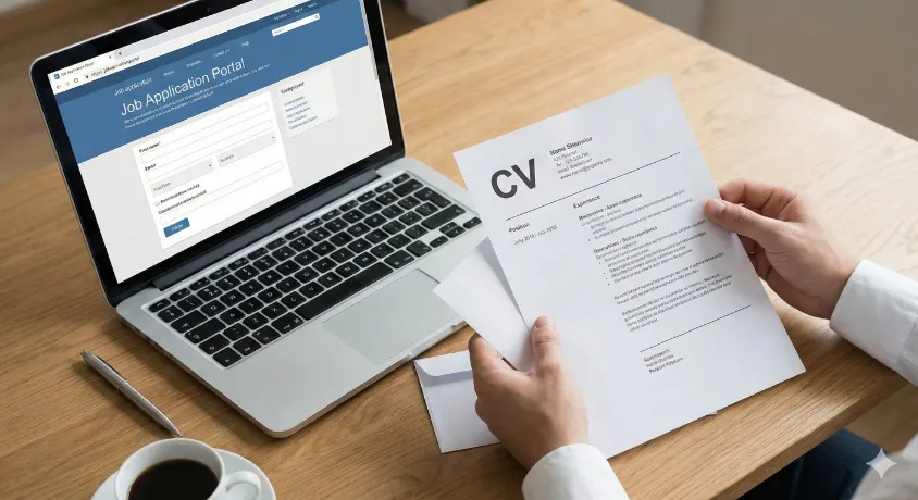 Hands holding a printed CV and envelope next to a laptop displaying an online job application portal, illustrating the application process.