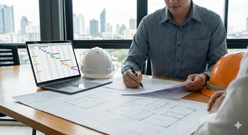 A Project Development Specialist reviewing infrastructure blueprints and digital project timelines on a laptop, representing the planning roles in Punjab Police