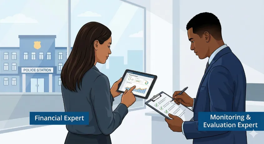 Financial Expert and Monitoring & Evaluation Specialist analyzing budget reports and performance KPIs on a tablet for Punjab Police development projects.