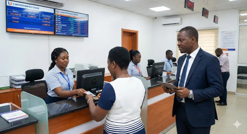 A male Operations Manager in a suit holding a tablet and supervising a bank teller observing a customer transaction at a busy U Microfinance Bank branch counter with digital display boards.