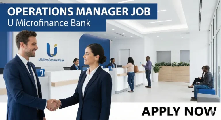 Cover image for Operations Manager job at U Microfinance Bank, featuring two professionals shaking hands in a modern bank lobby with customers and tellers in the background, plus promotional text overlay reading 'OPERATIONS MANAGER JOB U Microfinance Bank APPLY NOW'.