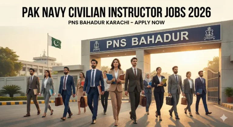 Cover image for Pak Navy Civilian Instructor Jobs 2026 featuring professionals walking in front of the PNS Bahadur gate in Karachi.