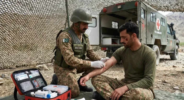 A Pak Army medical officer welfare providing first aid and treating an injured soldier in a field operation setting near a military ambulance.