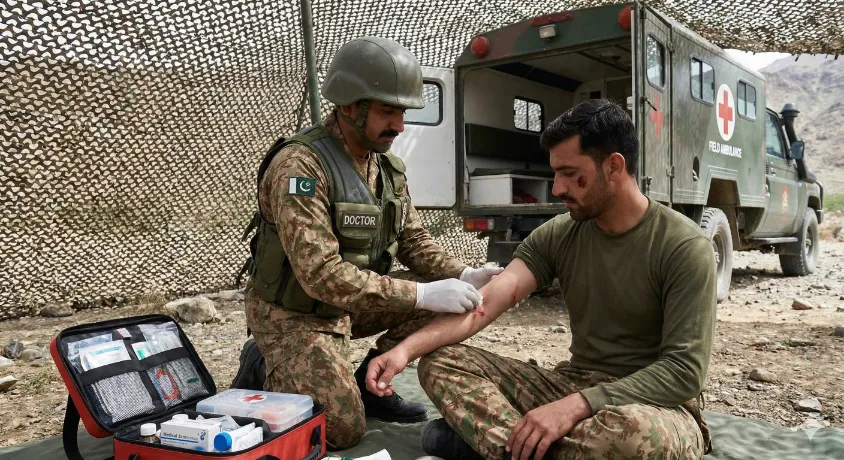 A Pak Army medical officer providing first aid and treating an injured soldier in a field operation setting near a military ambulance.