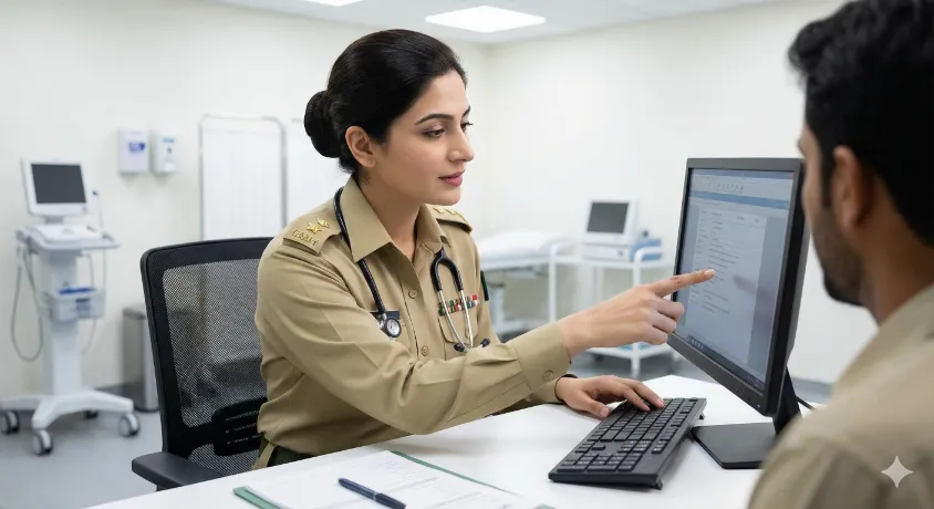 A female Pakistan Army doctor working at a computer desk inside a modern Combined Military Hospital (CMH) consulting room.