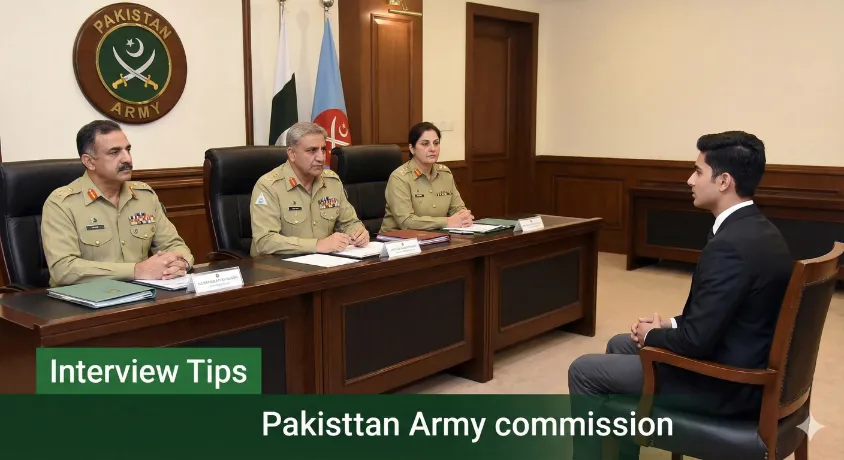 A candidate appearing for a formal job interview before a panel of senior Pakistan Army officers at the GHQ Selection Board.
