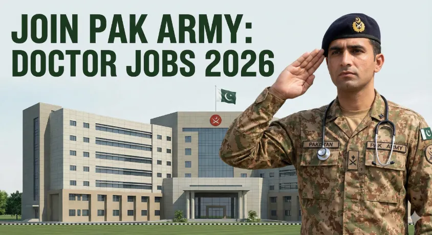 A determined Pakistan Army doctor saluting in uniform with a stethoscope, standing in front of a modern military hospital with text Join Pak Army Doctor Jobs 2026.