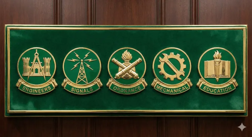 Icon-based infographic showing military benefits: house (housing), medical cross (healthcare), graduation cap (education), money symbol (salary), retirement symbol (pension), clean modern design, Pakistan flag colors