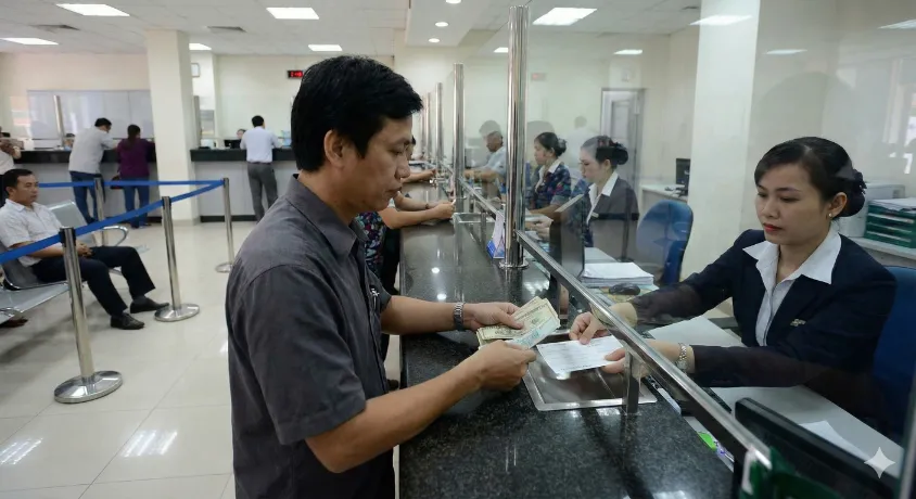 An applicant handing cash and a government treasury challan form to a bank teller at a counter to deposit the examination fee for a government job.