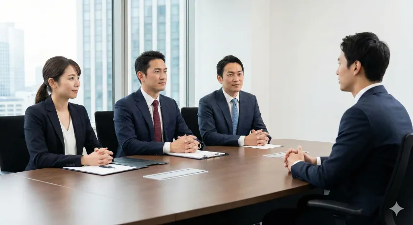 A formal government job interview in progress, showing a male candidate seated across a conference table facing a panel of three interviewers in a professional office.