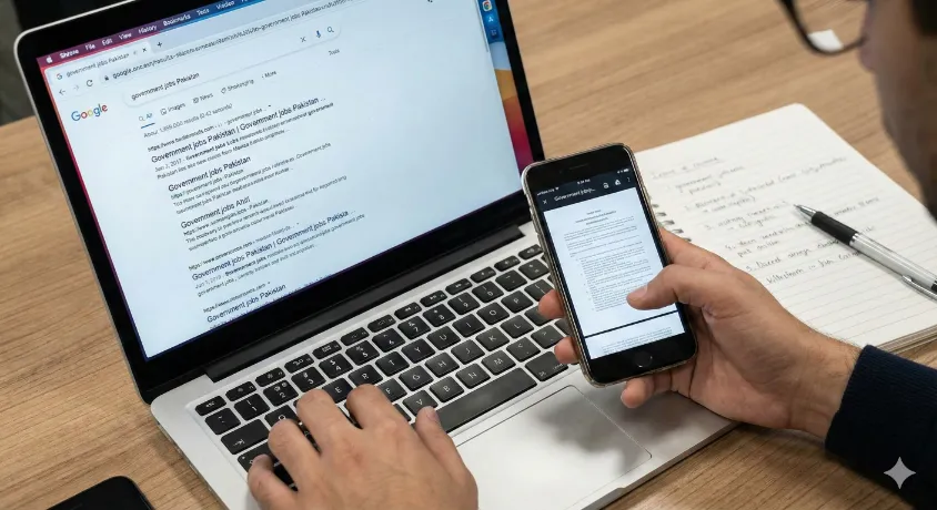 Close-up of an applicant's hands using a laptop to search Google for "government jobs Pakistan" while checking application details on a smartphone, with handwritten notes nearby.