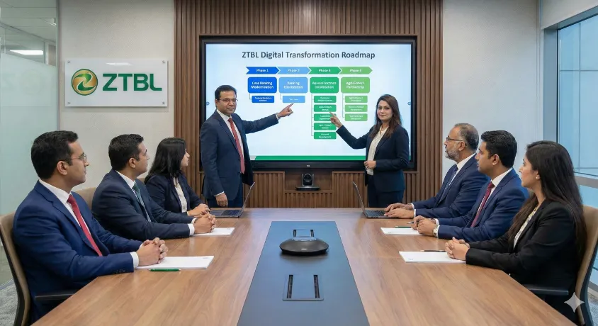 ZTBL executive team discussing digital transformation roadmap and IT strategy in a modern conference room for the Chief Information Officer role.