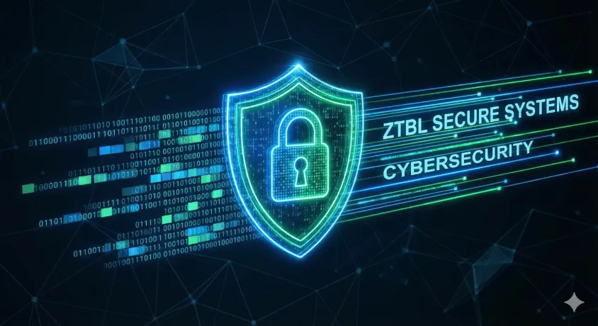 Digital cybersecurity concept with a glowing shield and lock protecting ZTBL banking data, symbolizing secure IT infrastructure and risk management.