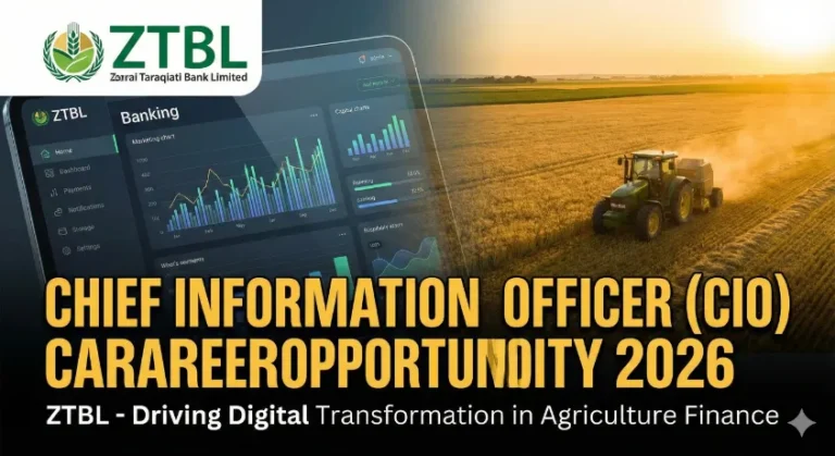 ZTBL Chief Information Officer CIO Job 2026 career opportunity banner featuring a digital banking dashboard overlaying a golden wheat field.